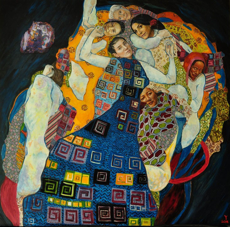 Yvonne Welman, COMMENT on KLIMT, open acrylic, fabric on canvas; 58" x 59".