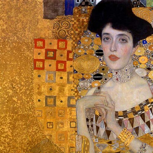 Gustav Klimt, Adele Bloch-Bauer I, 1907, oil silver and gold on canvas, 55.1" × 55.1". Reportedly this painting was purchased by Ronald Lauder for a record $135 million in 2006, Neue Galerie, New York. Public Domain.