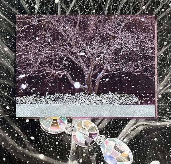 Art by Nancy Staub Laughlin, The Flowering Flurry, pastel on paper, mounted photograph, 43 x 100