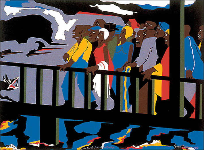 Jacob Lawrence, Confrontation at the Bridge from the series “Not Songs of Loyalty Alone: The Struggle for Personal Freedom”, painting, 1975. Photo: Fair Use. wikiart.com