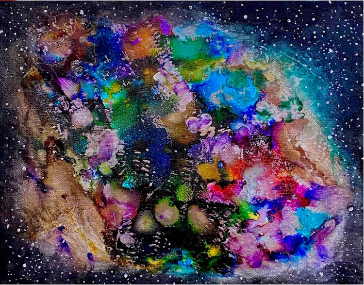 LINDA S. WATSON, CRACKLE NEBULA, ACRYLIC AND INK ON CANVAS, 11″ X 14″, FROM THE "UNIVERSE" SERIES.
