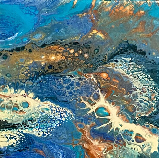 Fire and Water, acrylic paint on tile, 8″ x 8″ by Linda S. Watson
