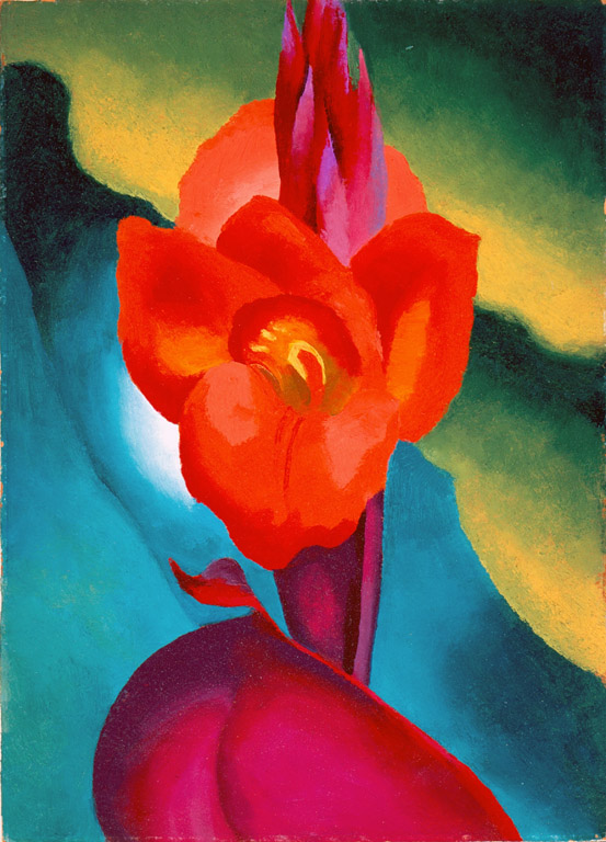 Georgia O’Keeffe, Red Canna, oil, created in 1919, Current location: High Museum of Art, Atlanta. Public domain in the U.S..