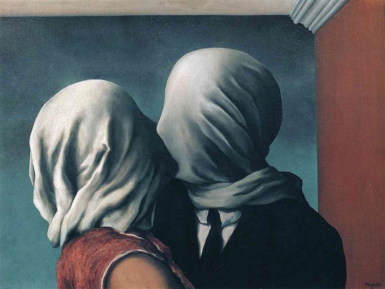 René Magritte, The Lovers, Paris 1928, oil on canvas, 21-3/8" x 28-7/8". Photo: Fair Use.