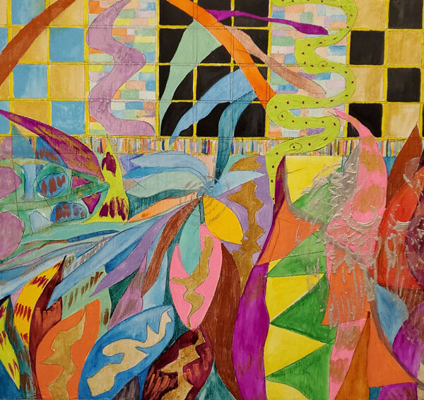 Calmimg My Mind With Aqua Windows and Angel Wings, watercolor and acrylic on wood, 16" x 12"