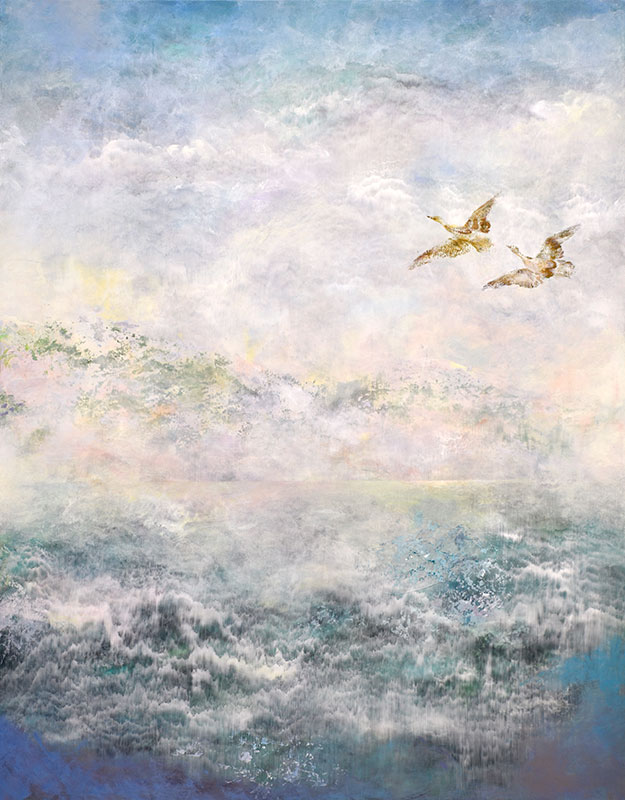 painting of birds sky and water 