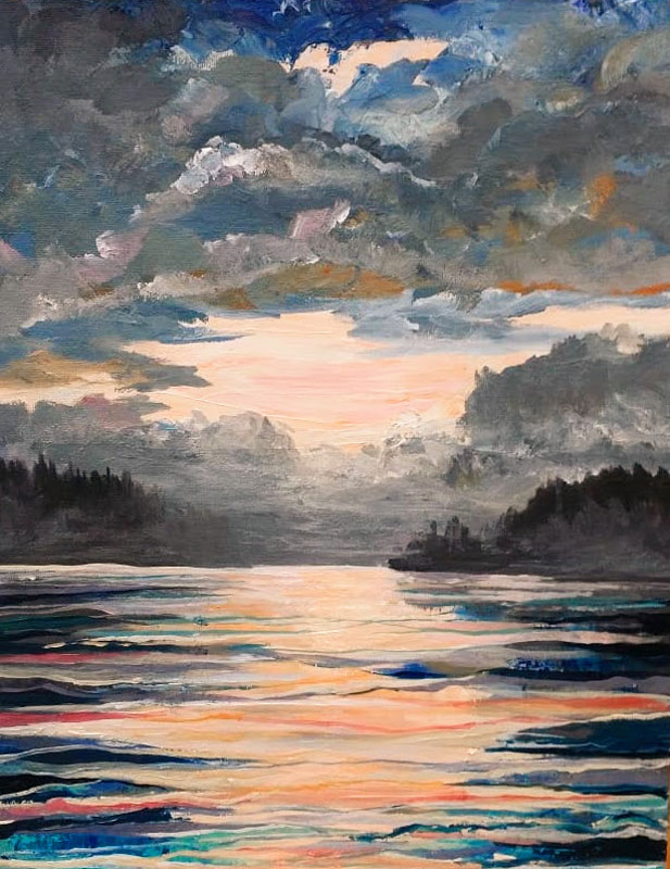 painting of a sunrise over water after a storm