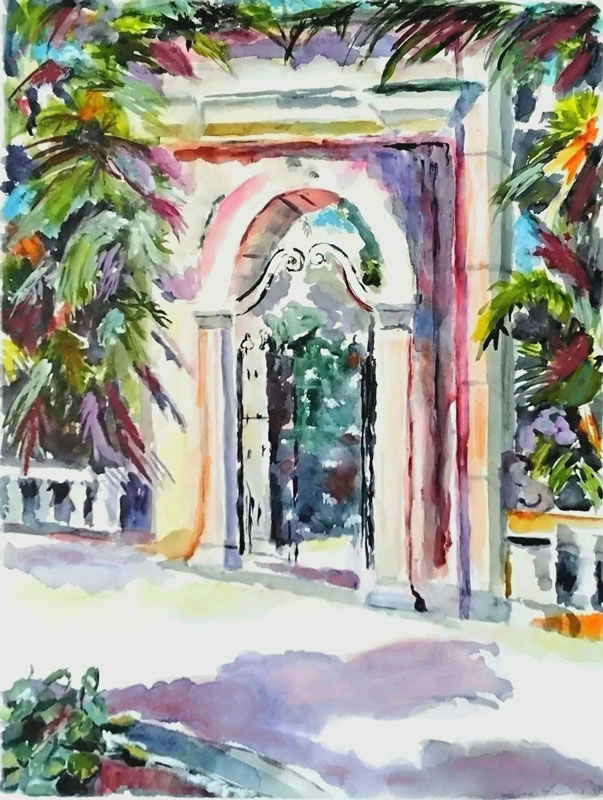 Through the Gate" 30" × 22" Watercolor (Vizcaya in Florida)