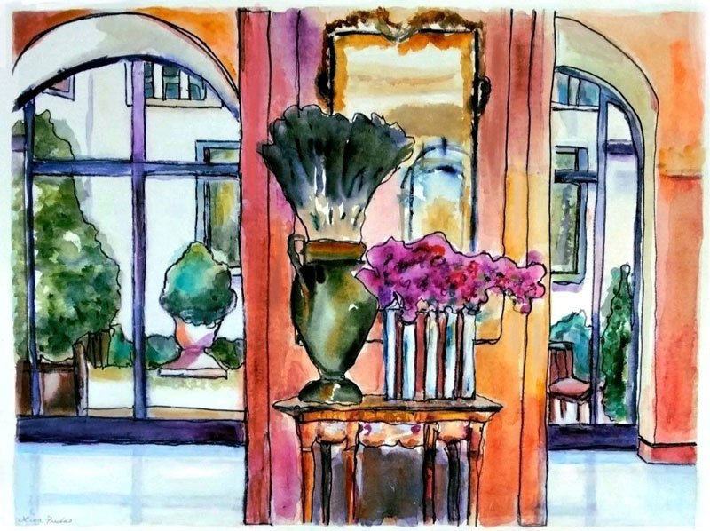 Lobby at the Four Seasons" Paris, France 22" x 30" Watercolor. Painted with one continuous line of permanent black ink, and then filled in with watercolors.