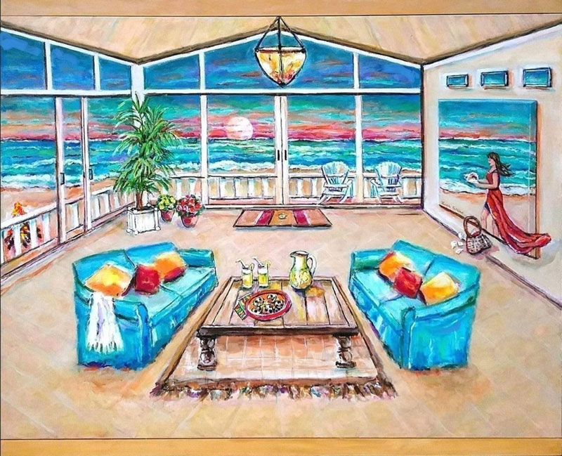 "Longing For a Day at the Beach" 39" x 48" x 1.5" created on a gallery wrapped canvas, in the style of Trompe L'oeil. by Lisa Freidus