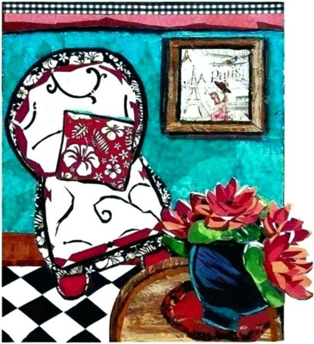 A Room to Dream. 38" x 36" x 2" The canvas, flowers and vase are hand-crafted from wood. 3D Mixed Media.