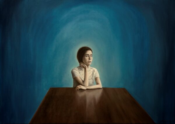 Apology, 50x70 cm, oil on canvas, 2020) from the "Women of Quarantine" series ,