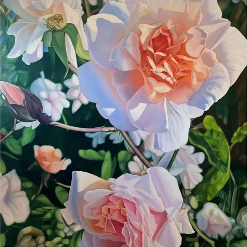 Debbie Daniels Peach Floribunda, oil on canvas, 48” x 48”