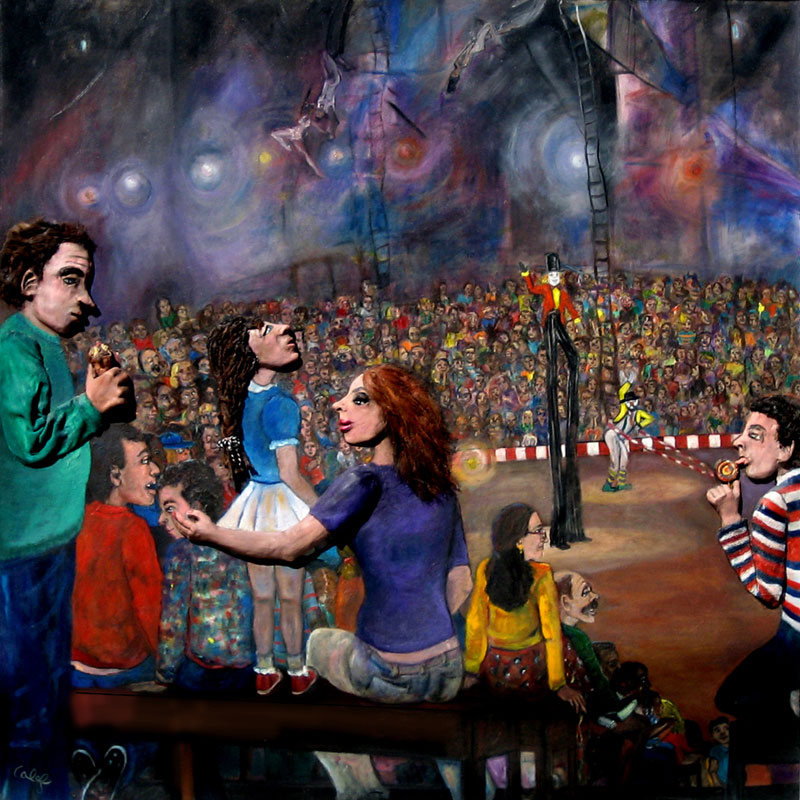 A Day At the Circus, oil, sculpture, fabric, found objects on canvas, 48" x 48"