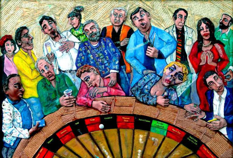 Critic's Wheel, oil, sculpture, fabric, acid free papers, wood on canvas, 24" x 36"