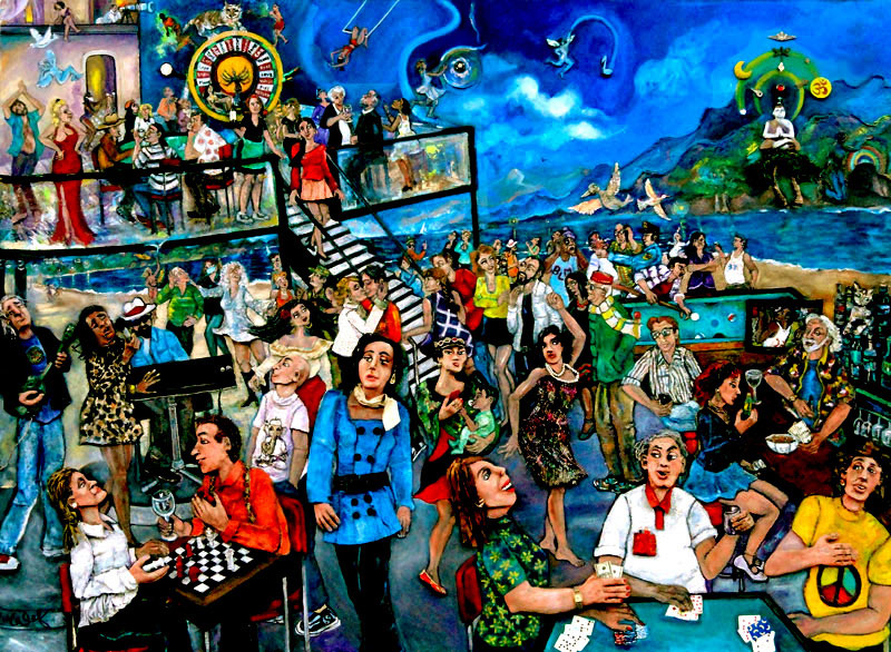 Games of Life, oil, sculpture, computer parts, found objects on canvas, 48" x 66"