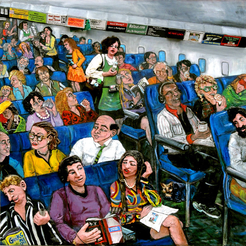No Free Lunch, oil, sculpture, fabric, acid free paper, found objects on canvas, 48" x 48"