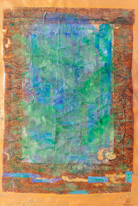 Rajul Shah, Heart Sounds II, Acrylic, Fusible Web, Washi Paper & Gold Leaf on Linen, 29.5 x 48.5 inches
