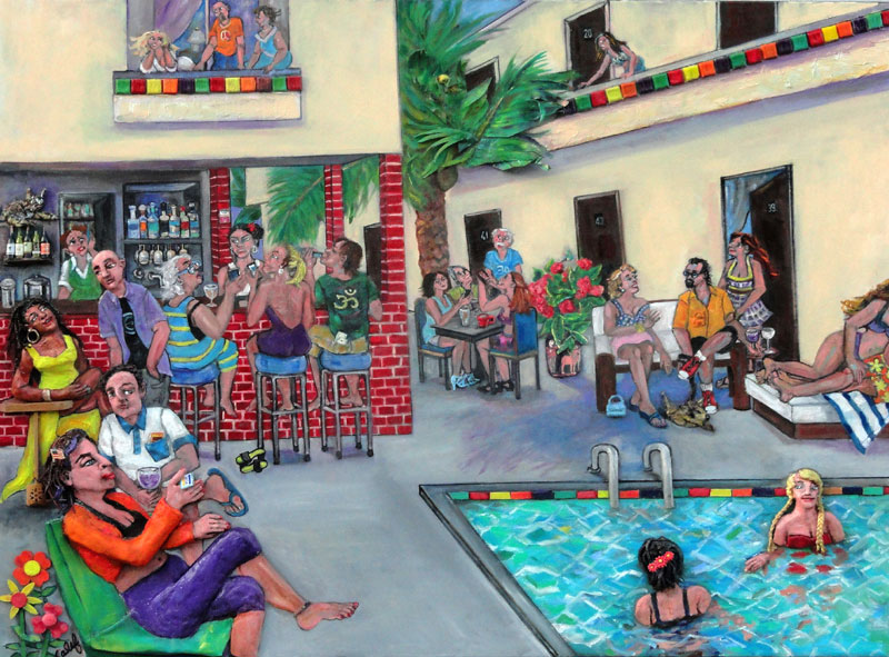 North Beach, South Florida, oil, sculpture, tile, fabric, found objects on canvas, 36" x 48"