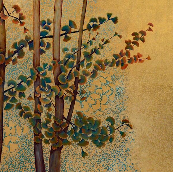 A Blessing of Ginkgos, oil and metal leaf on canvas, 36" x 48"
