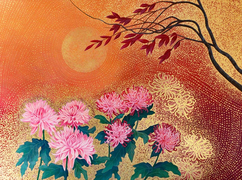 Chrysanthemum Garden, oil and metal leaf on canvas, 36" x 48"