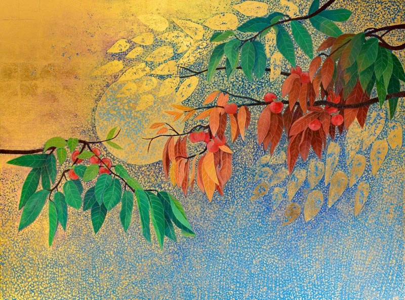 Persimmon Branches, oil and metal leaf on canvas, 36" x 48"