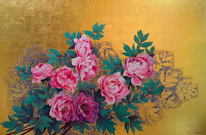 Shimmering Peony Garden oil and metal leaf on canvas 40" x 60"