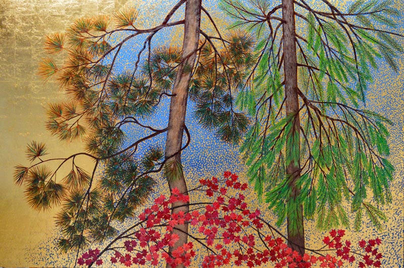 Woodland Sanctuary, oil and metal leaf on canvas, 40" x 60"