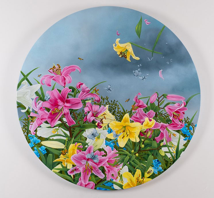 Mother's Garden, oil on board, 23.62 inches round by Andrea Robinson