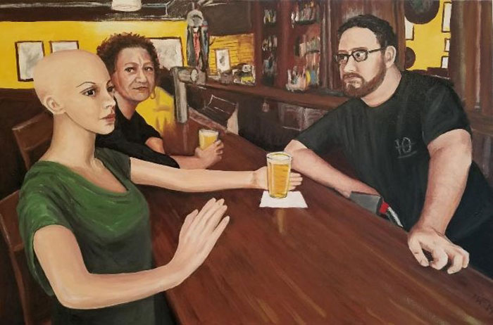 Laurie Waite-Fellner Sylvia Has a Beer, oil paint on canvas, 50" x 24"