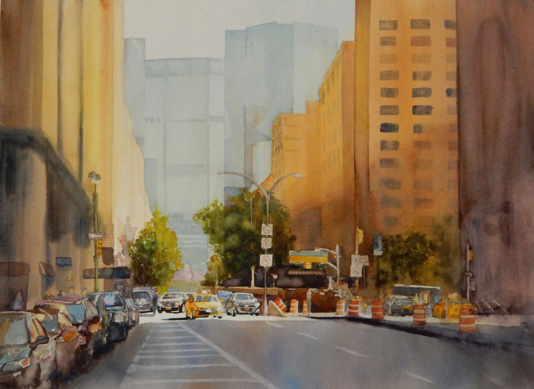 Maryann Burton Alternate Side of the Street Parking, transparent watercolor, 17" x 24"