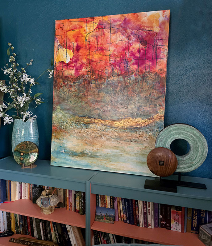 Sun Sails, acrylic on panel, 48″ x 36″. Sandra tells us this painting is an imagined landscape of ancient barges sailing on the Nile.