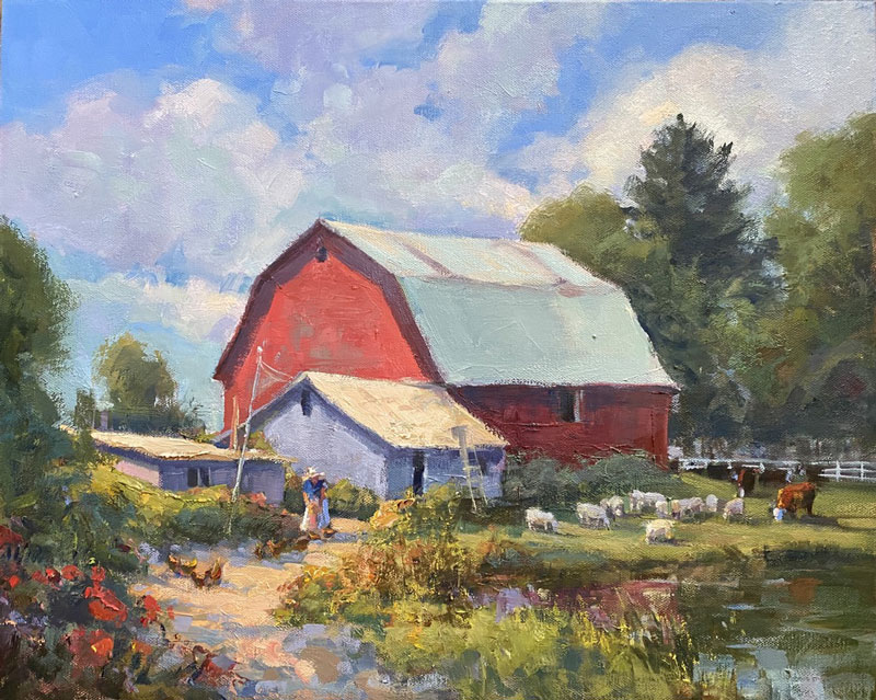 Farm Life, oil on panel, 16” x 20” by Susan Jarecky