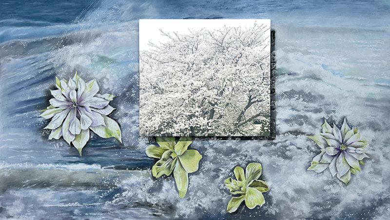 The Blossoming of Froth, pastel on paper, mounted photograph, 31 x55 by Nancy Staub Laughlin