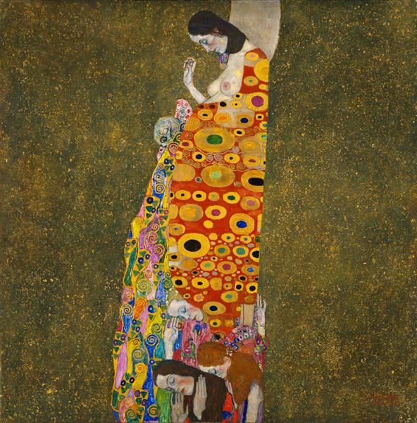 Gustav Klimt, Hope II, oil, gold, and platinum on canvas on canvas, 43.5″ x 43.5″. Created 1907 – 1908. Photo: Public domain in the U.S.