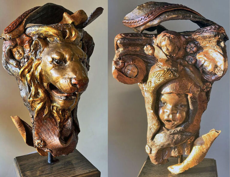 Lion Caryatid front and back views, porcelain and patina on a wood base, 19″ x 8.6″ x 9.5″