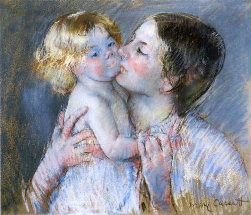 Mary Cassatt, A Kiss for Baby Anne (no. 3), pastel, 43.2 x 64.8 cm. Public domain.