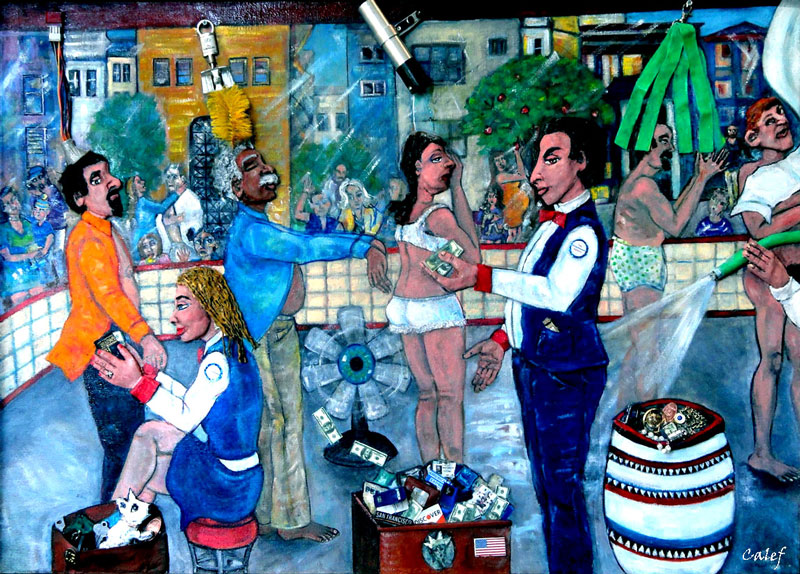 Peoplewash, oil, sculpture, fabric, found objects on canvas, 34" x 46" by Nancy Calef