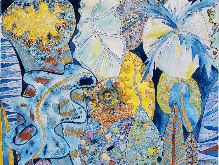 Gail Bach, Blue Leaf Bathing, watercolor on paper, 11″ x 14″ 