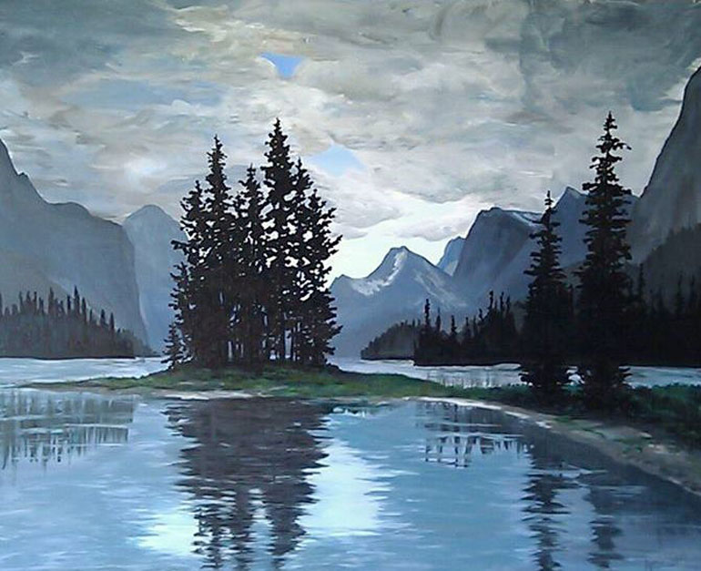 Peter N. Van Giesen, Mystic Mountains, Maligne Lake, Jasper,  Alberta,  acrylic on canvas, 30″ x 40″