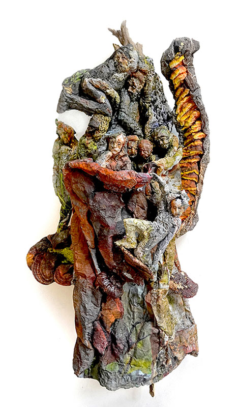 "Hidden In Sight", mixed-media relief: aluminum sculpted photo, fabric, paper, wood, fiber and encaustic wax, 54" x 28" x 16". 2023