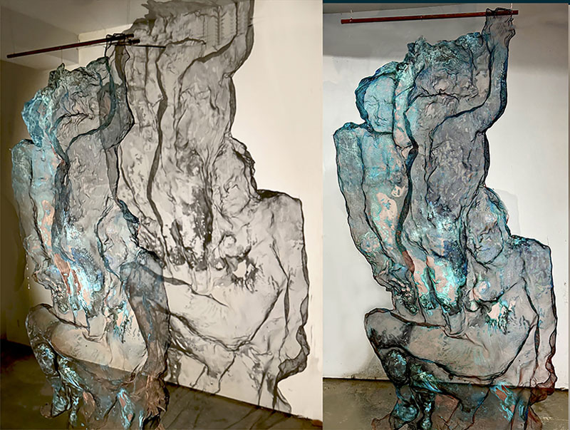Left Hanging, patinated sculpted copper wire mesh, with shadow, 60" x 28" x 6". 2025