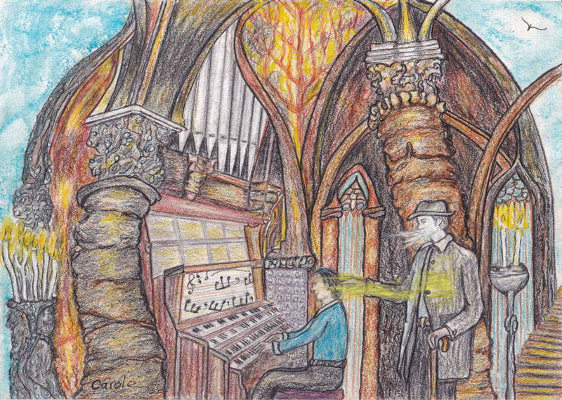 Organist Ghost Returns, drawing by Carole Claude T.