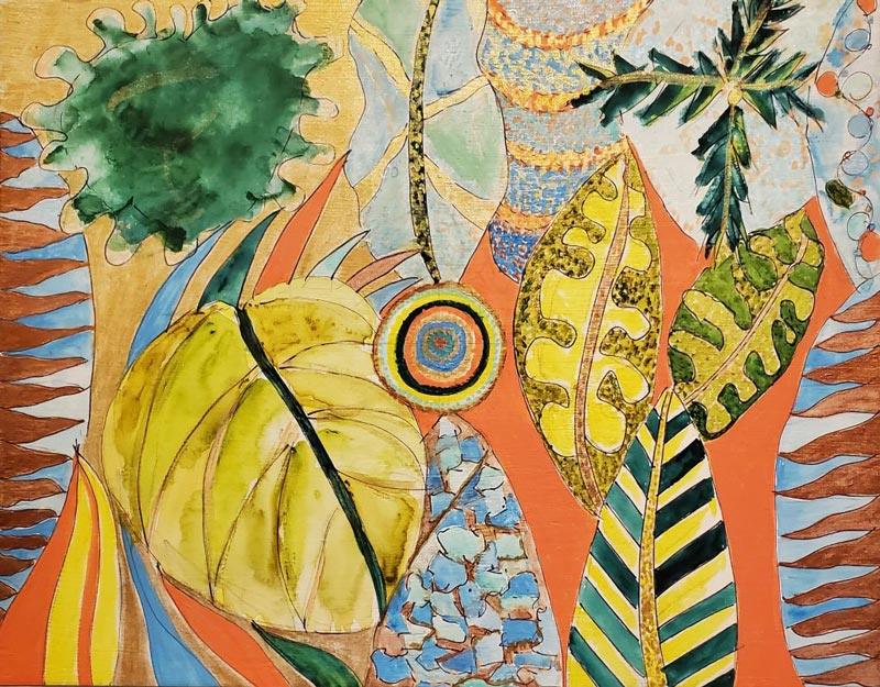 Coral Leaf Bathing, watercolor and acrylic on wood panel, 12″ x 14″