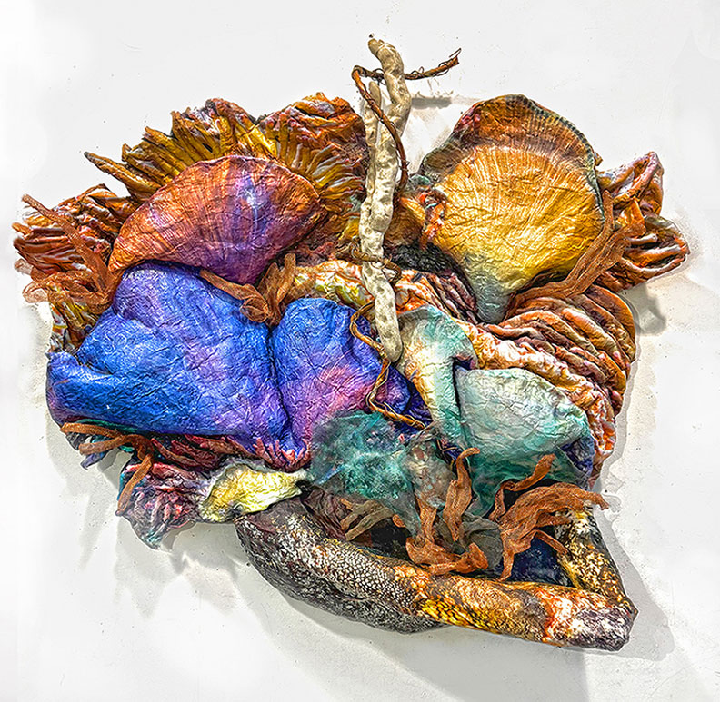 Piercing the Deep, mixed-media relief sculpture Patinated copper mesh and pipe, photography, aluminum, fiber and gauze, 40″ x 40″ x 8″
