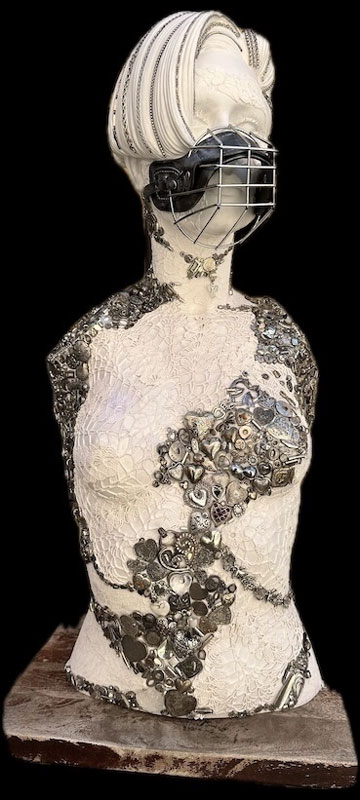 Silenced, mixed media sculpture, 29" x 13" x 9"